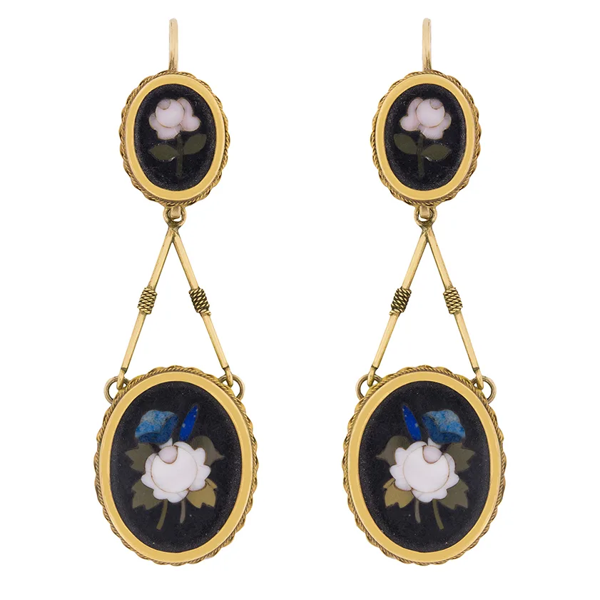 Antique Pietra Dura Drop Earrings and Pendant with Rose Motif