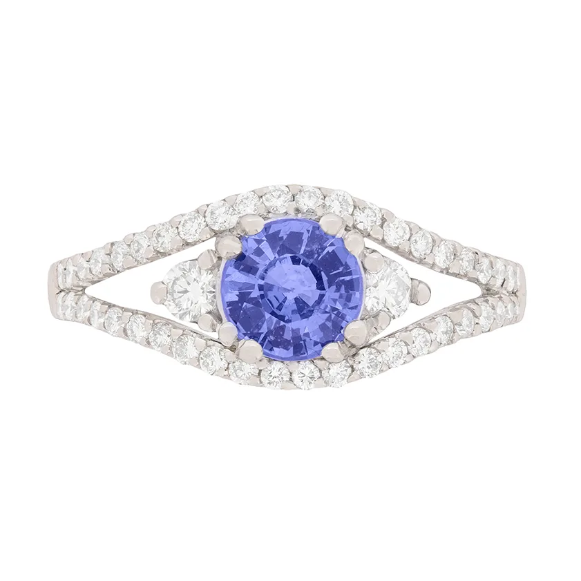 Contemporary 0.95ct Sapphire and Diamond Three Stone Engagement Ring