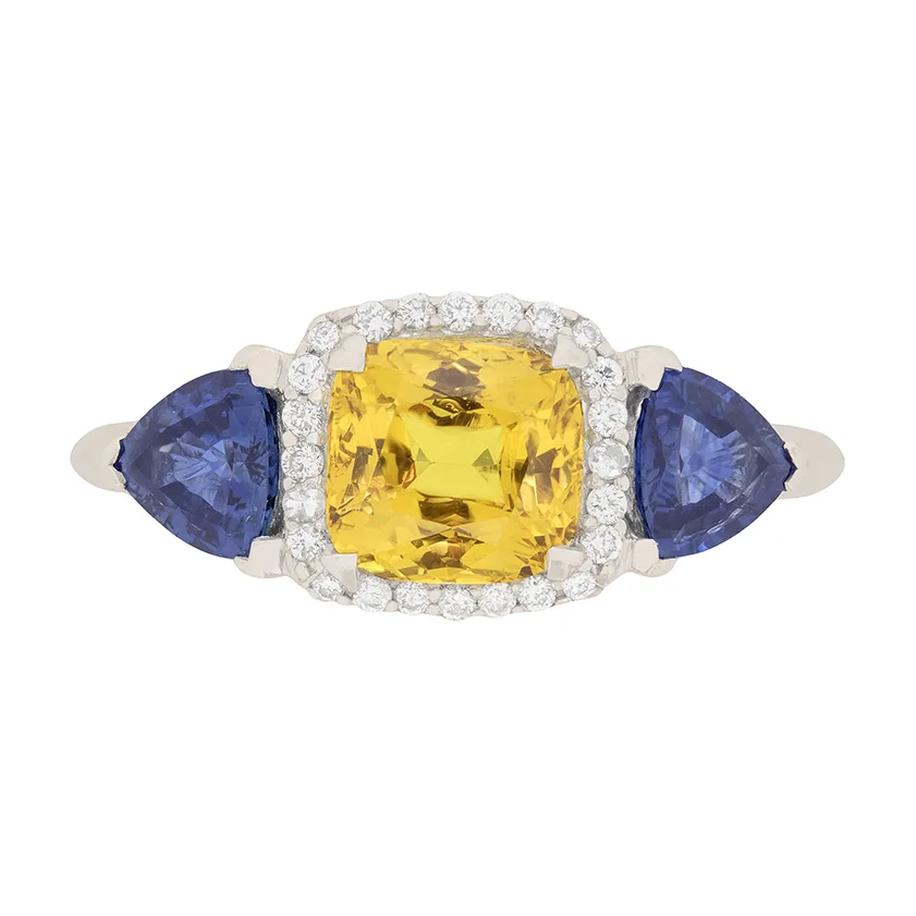 Contemporary Three Stone 3.40ct Fancy Colour Sapphire and Diamond Cocktail Ring