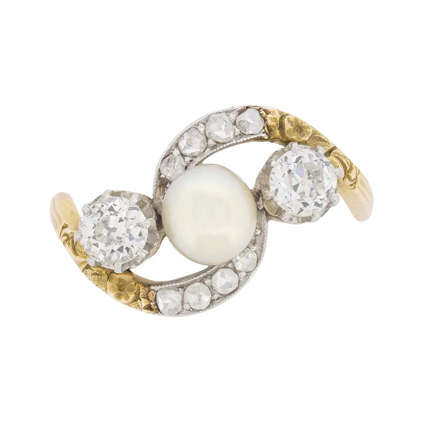 Victorian Diamond and Pearl Crossover Ring with Set Shoulders, c.1890s