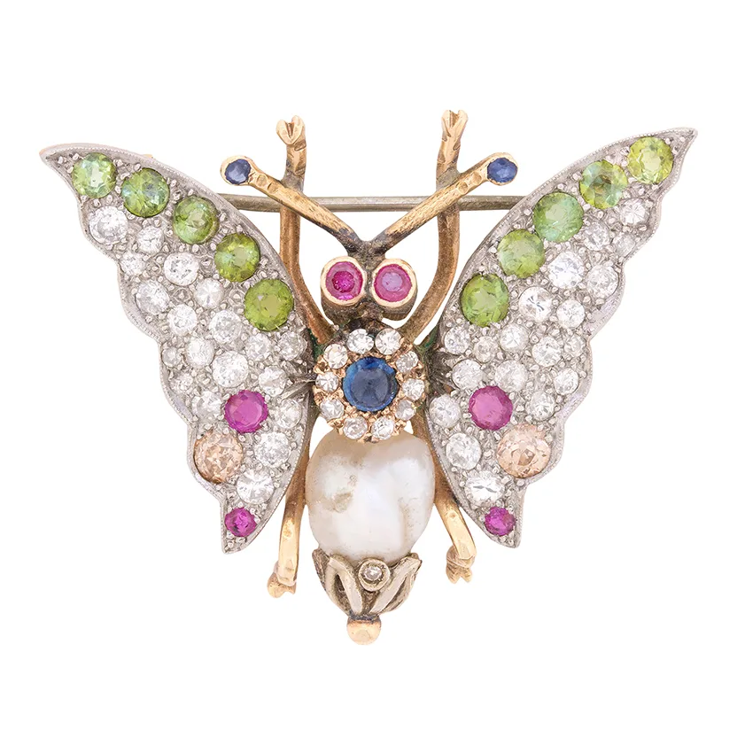 Late Art Deco Diamond and Multi-Gem Butterfly Brooch, c.1930s