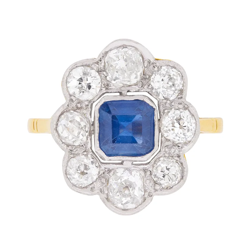 Art Deco Asscher Cut Sapphire and Diamond Ring, c.1920s