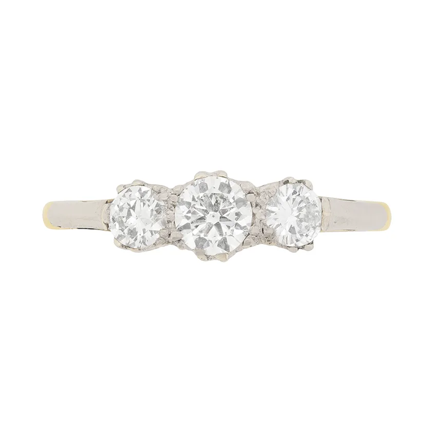 Vintage 0.65ct Transitional Cut Diamond Three Stone Engagement Ring, c.1940s