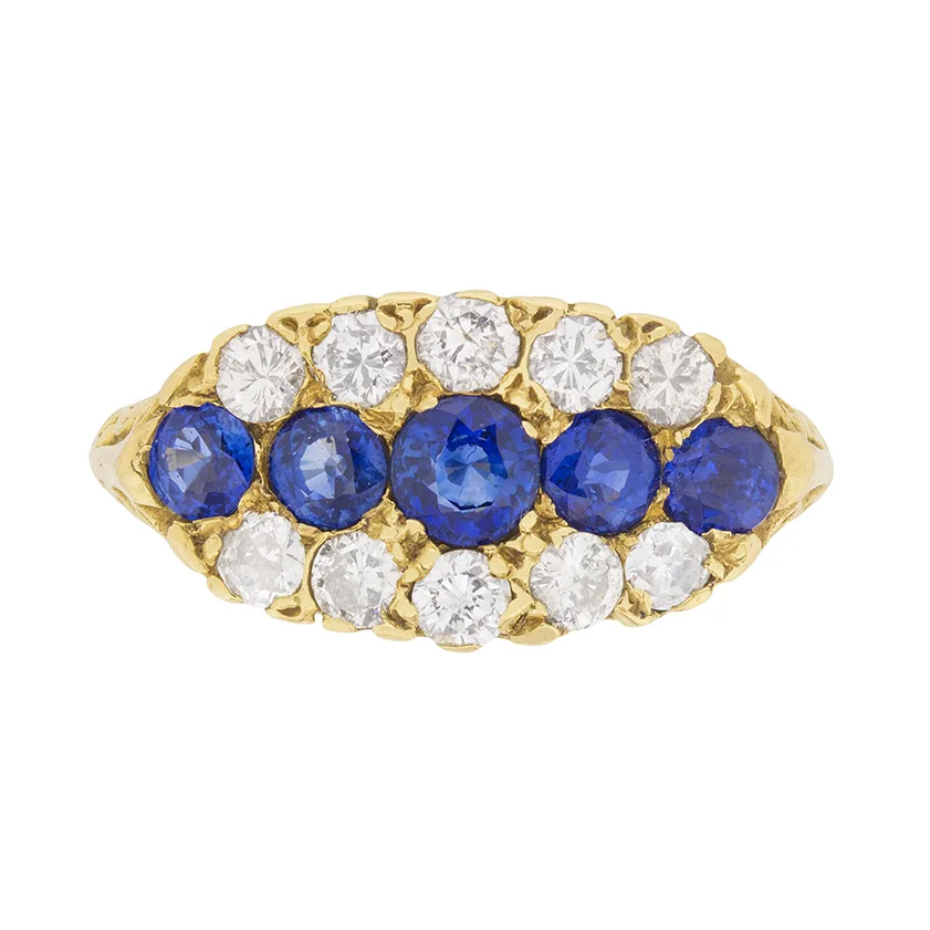Vintage Sapphire and Diamond Carved Shank Cluster Ring, c.1950s
