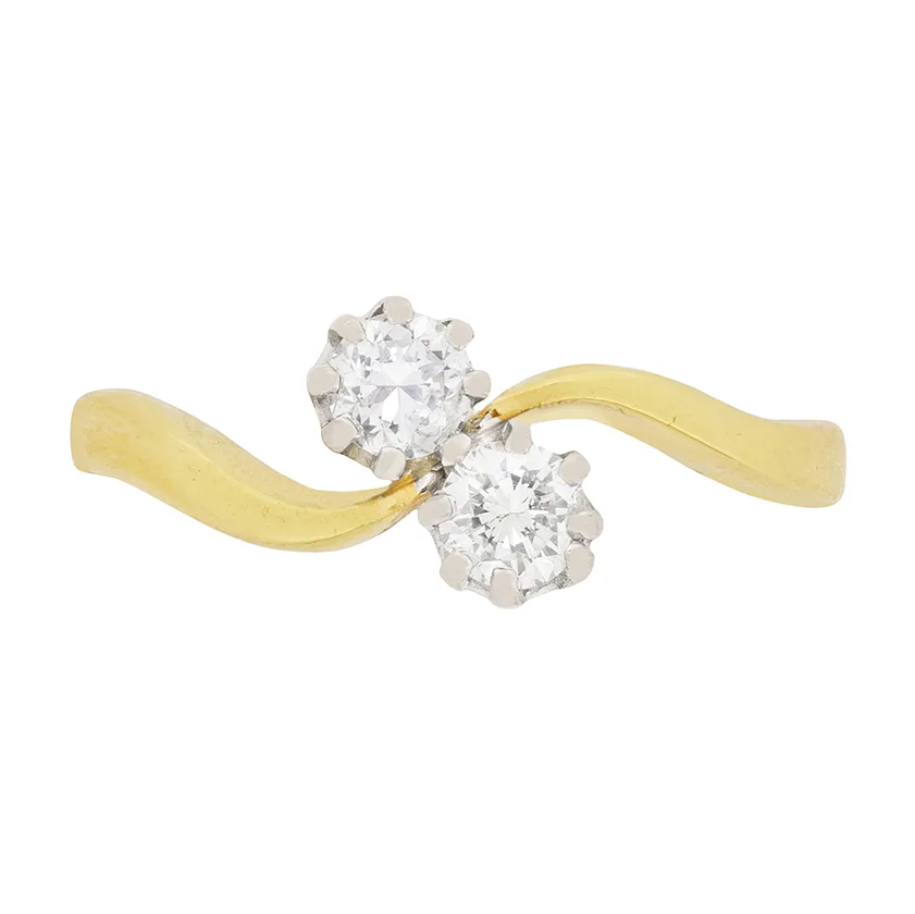Vintage Round Brilliant Cut Diamond Two Stone Crossover Ring, c.1984