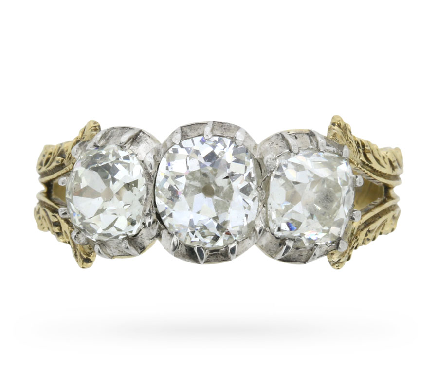 Victorian Three Stone 2.10 Carat Old Cut Diamond Ring, c.1881