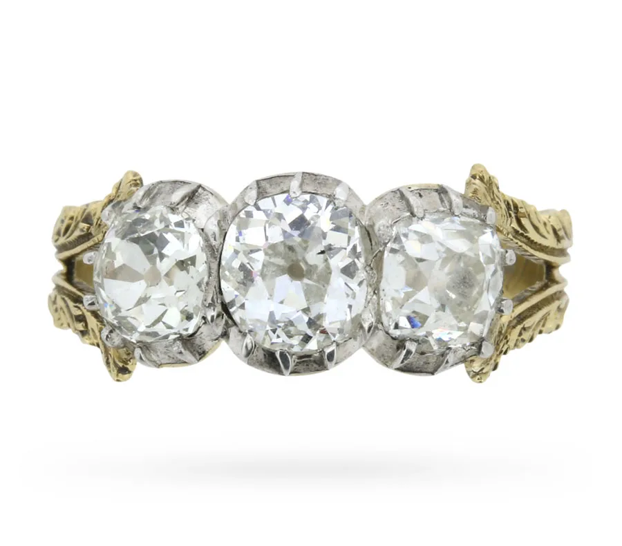 Victorian Three Stone 2.10 Carat Old Cut Diamond Ring, c.1881