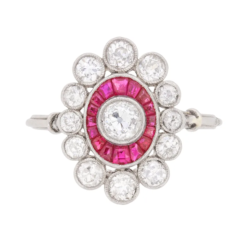 Art Deco Diamond and Ruby Cluster Ring, c.1920s