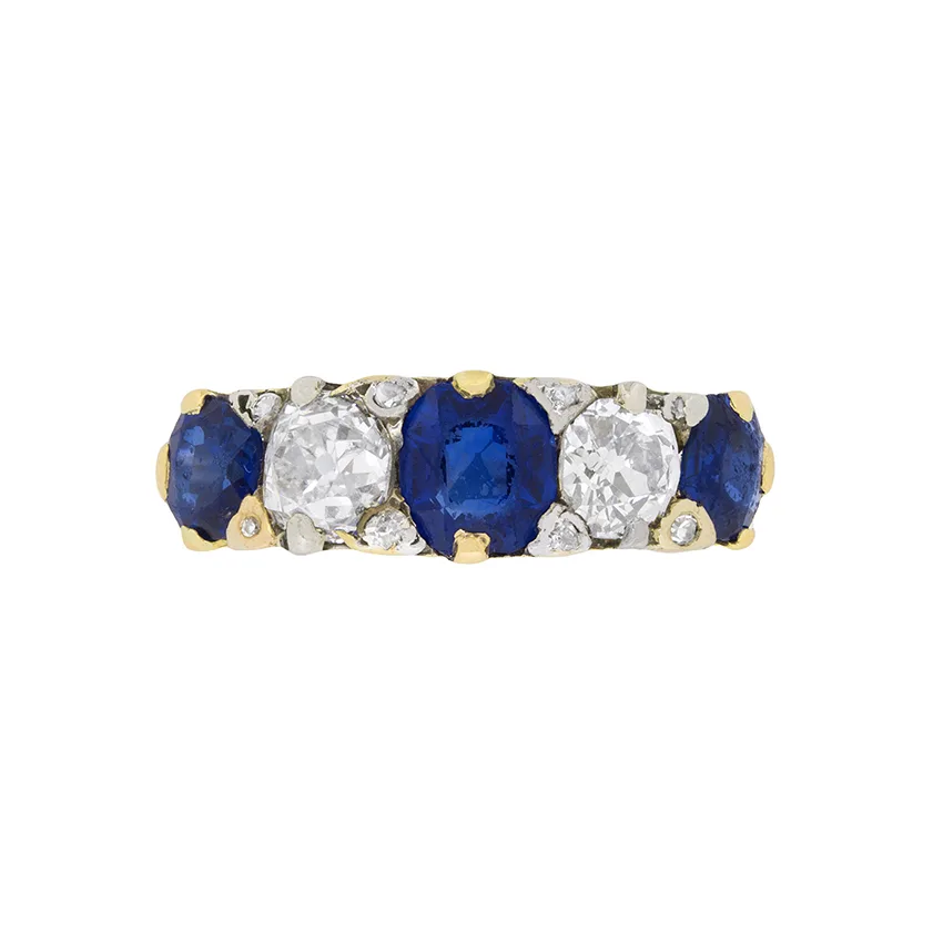 Late Victorian Sapphire and Diamond Five Stone Ring, c.1900s