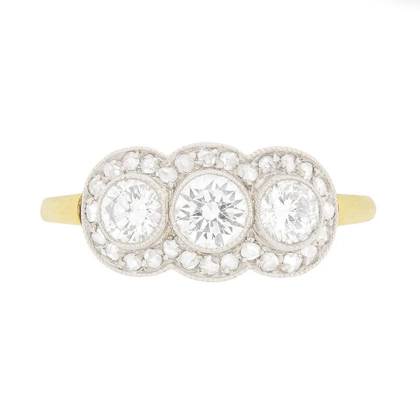 Late Deco Diamond Three Stone with Diamond Halo Ring, c.1940s
