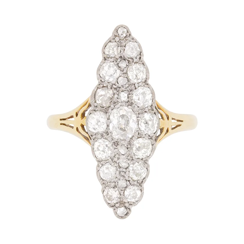 Late Victorian 1.20ct Diamond Marquise Shaped Cluster Ring, c.1900s