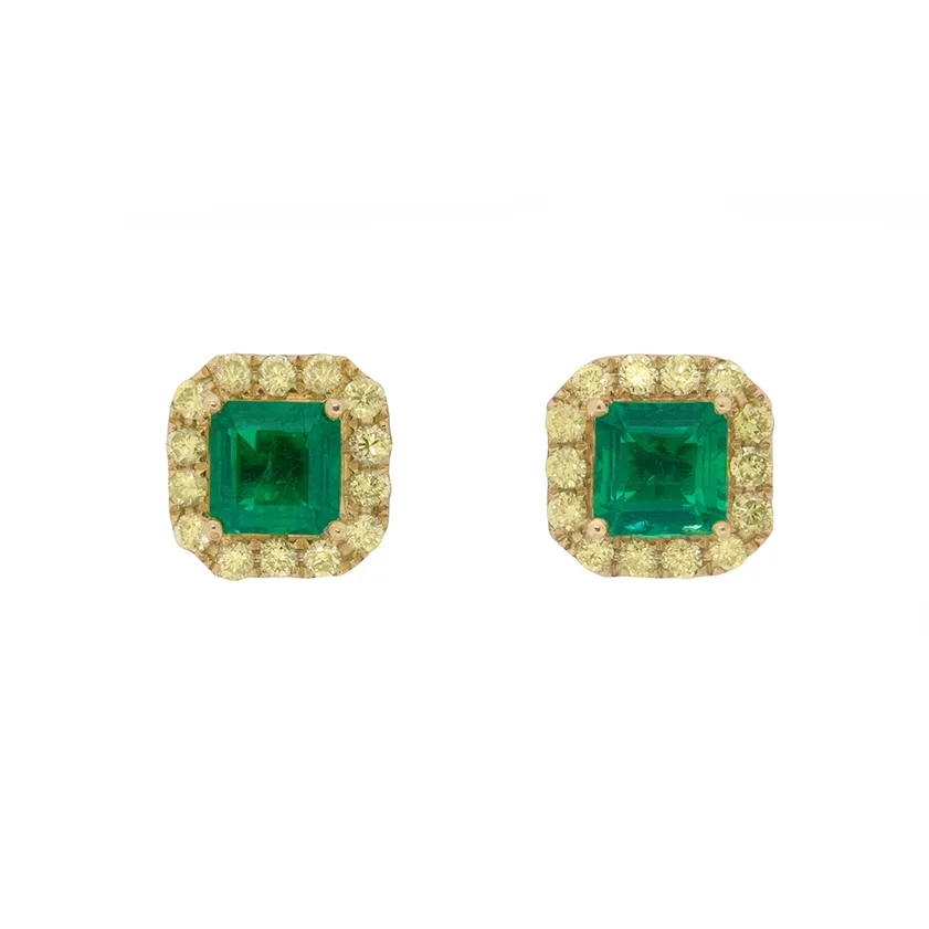 Contemporary 1.29ct Emerald and Fancy Yellow Diamond Earrings