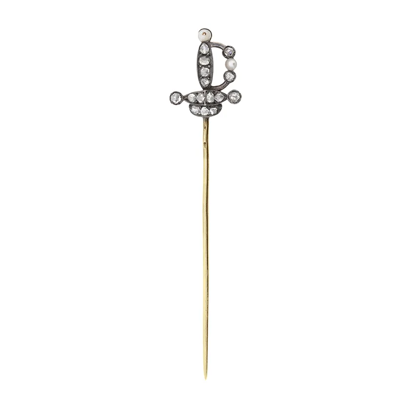 Victorian Diamond and Pearl French Sword Pin, c.1880s