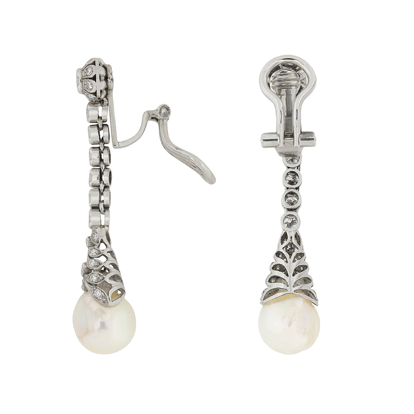 Late Deco Diamond and Pearl Drop Earrings, c.1930s | Farringdons