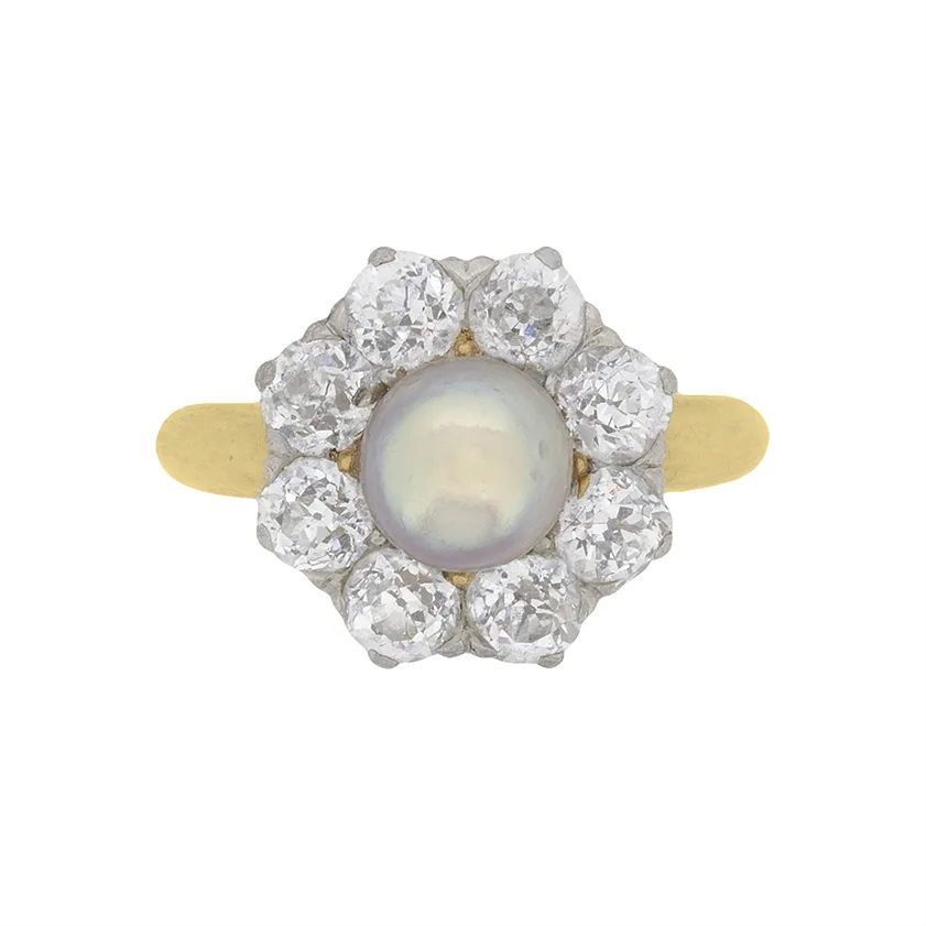 Late Victorian Natural Pearl and Diamond Cluster Ring, c.1910