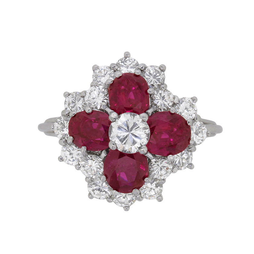 Vintage Diamond And Ruby Cluster Ring, c.1970s | Farringdons