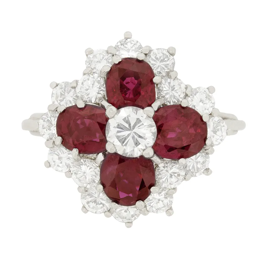Vintage Diamond And Ruby Cluster Ring, c.1970s