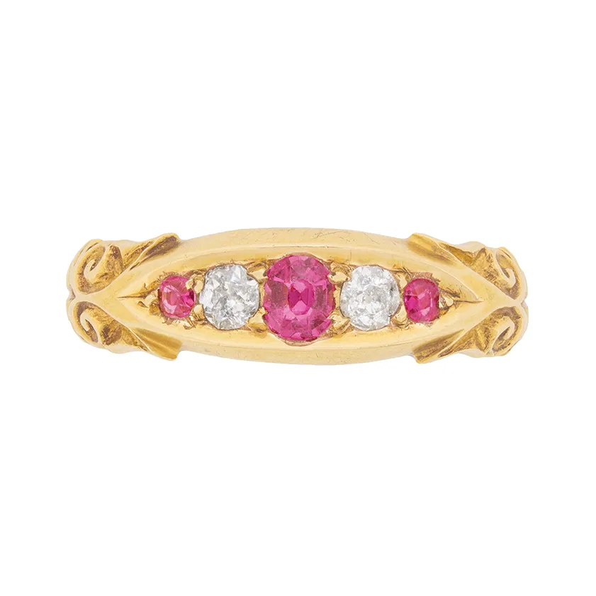 Victorian Ruby and Diamond Five Stone Ring, c.1900s