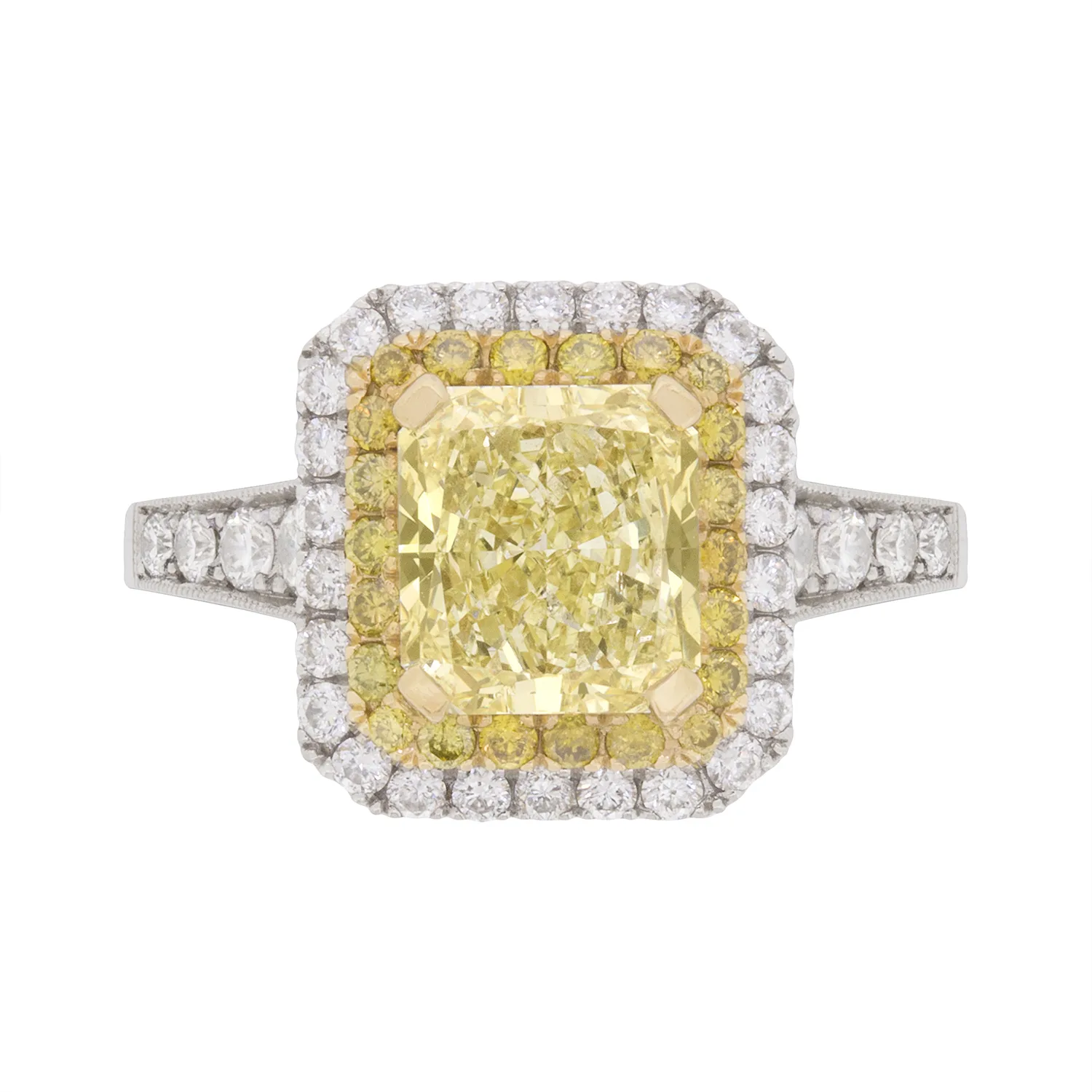 Contemporary 1.72ct Fancy Yellow Diamond Double Halo Engagement Ring