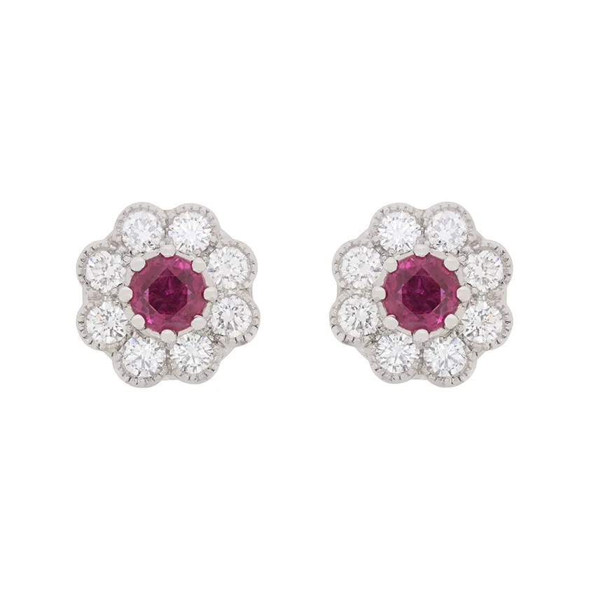 Vintage 0.50ct Ruby and Diamond Halo Earrings, c.1950s