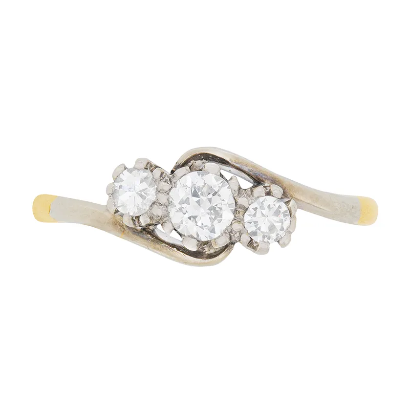 Late Art Deco Diamond Three Stone Twist Ring, c.1930s