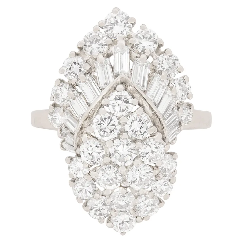 Late Deco 3.65ct Diamond Cluster Cocktail Ring, c.1940s