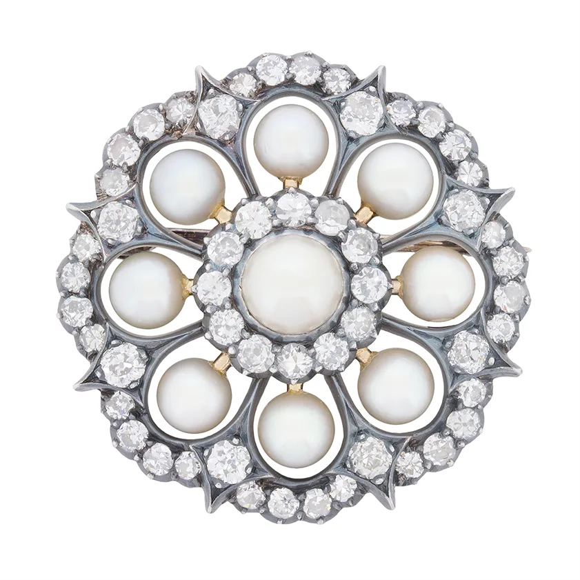 Victorian Pearl and Diamond Daisy Cluster Brooch, c.1880s
