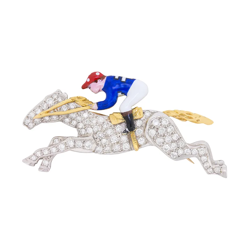 Vintage Diamond Horse with Jockey Brooch, c.1950s