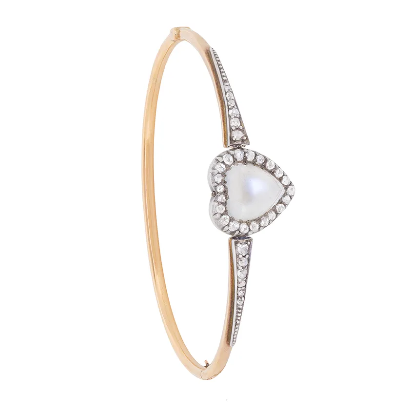 Victorian Heart Moonstone and Diamond Bangle, c.1880s