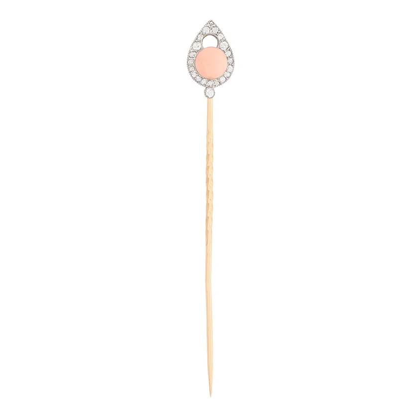 Victorian Coral and Diamond Pin Brooch, c.1880s