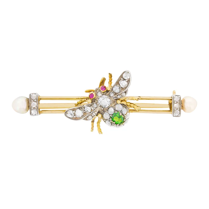 Victorian Diamond, Demantoid Garnet, Ruby and Pearl Bug Brooch, c.1880s
