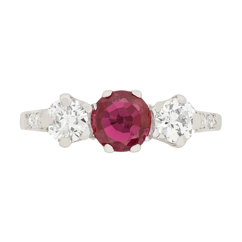 Art Deco 1.00ct Ruby and Diamond Three Stone Ring, c.1930s