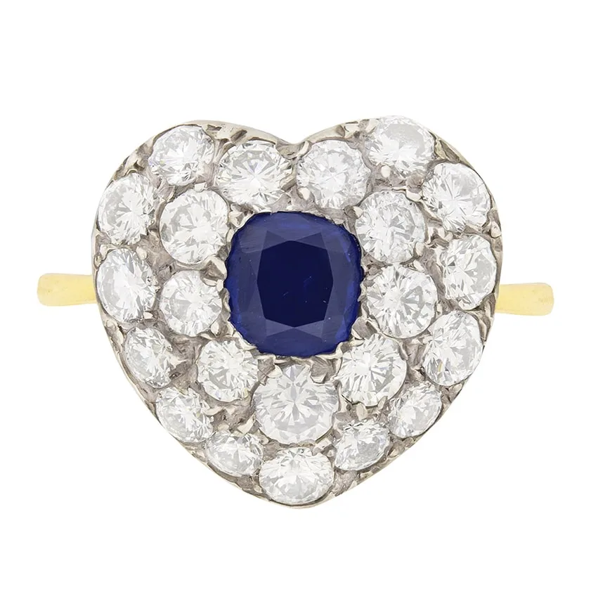 Late Deco Sapphire and Diamond Heart Shaped Ring, c.1940s