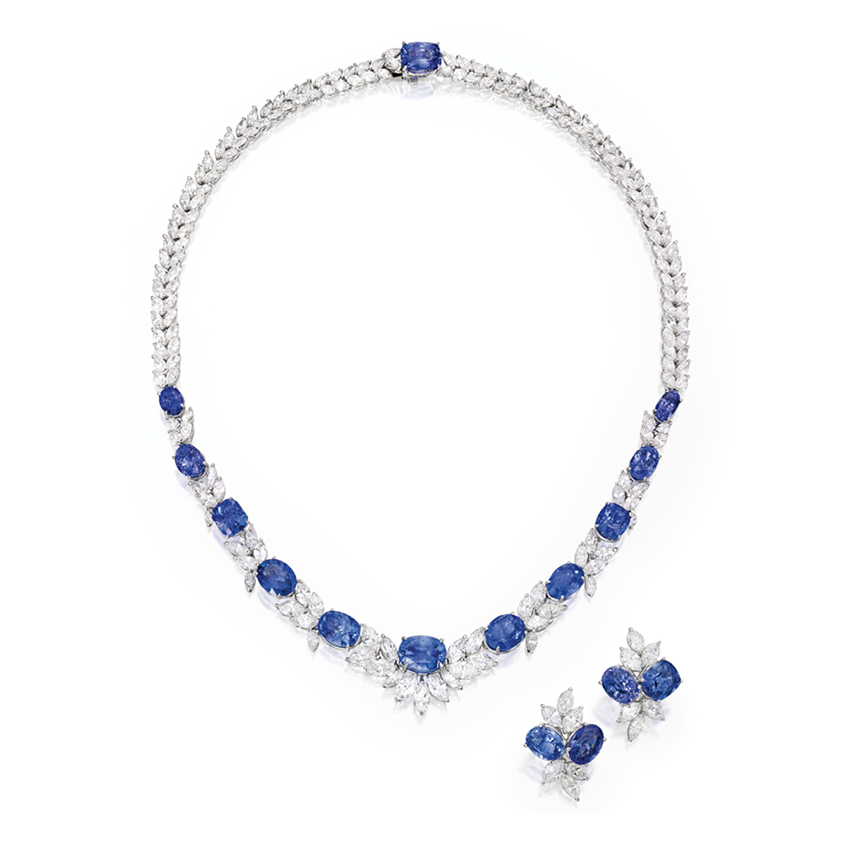 Contemporary 53.72ct Sapphire and Diamond Necklace and Earring Suite Farringdons Jewellery