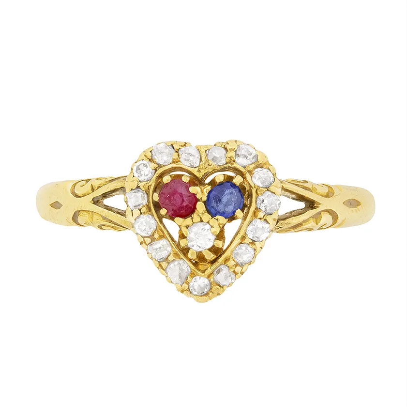 Victorian Heart Shaped Ring with Diamond, Sapphires and Rubies, c.1902