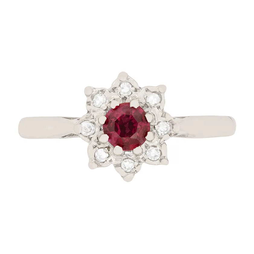 Vintage Ruby and Diamond Daisy Cluster Ring, c.1970s