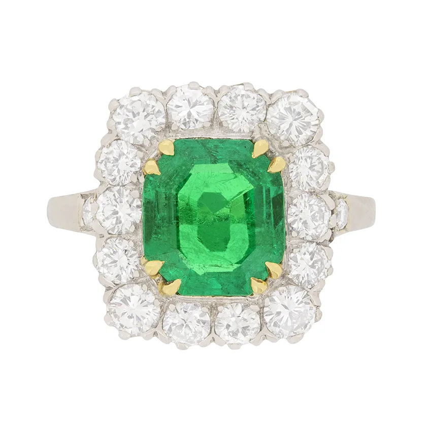 Late Art Deco 2.18ct Emerald and Diamond Cluster Ring, c.1930s