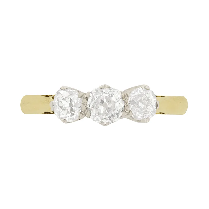 Edwardian 0.90ct Diamond Three Stone Engagement Ring, c.1910s