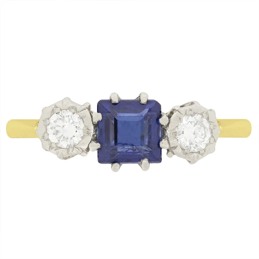 Late Art Deco 0.50ct Sapphire and Diamond Three Stone Ring, c.1930s
