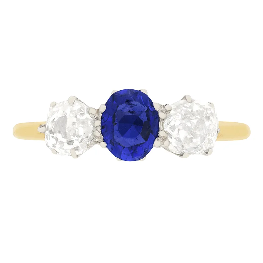 Edwardian 0.40ct Sapphire and Diamond Three Stone Ring, c.1910s