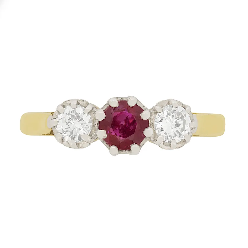 Art Deco 0.50ct Ruby and Diamond Three Stone Ring, c.1930s