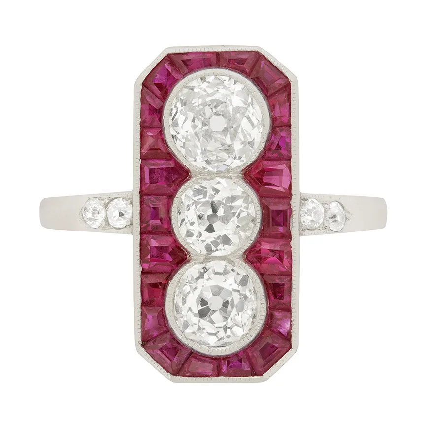 Art Deco 1.95ct Diamond and Ruby Three Stone Halo Cocktail Ring, c.1920s