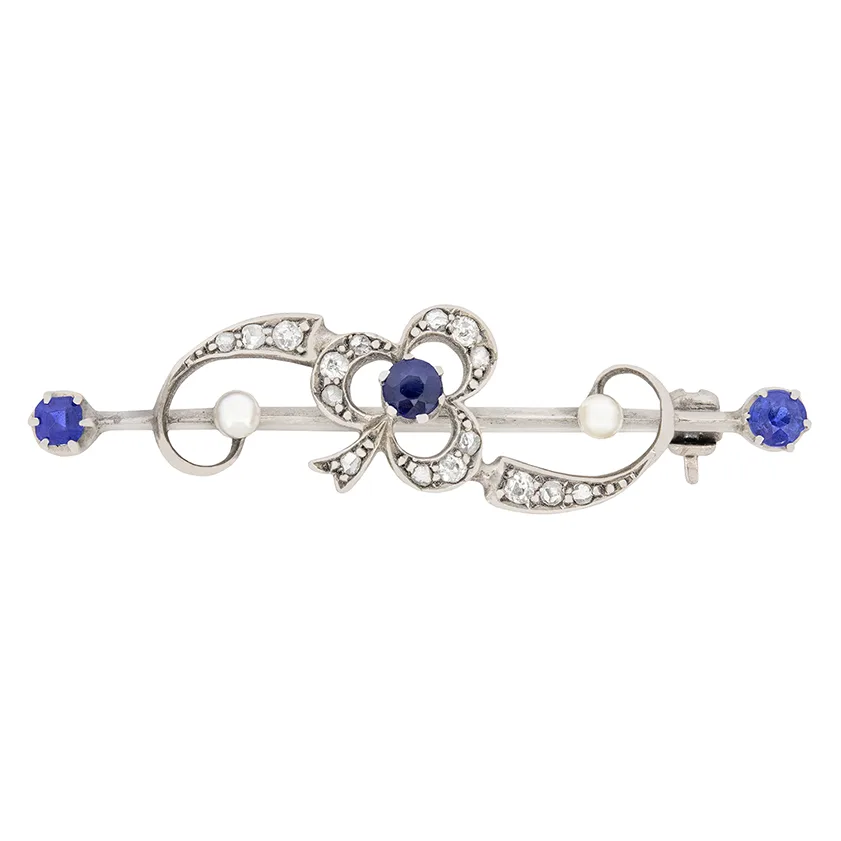 Victorian 0.40ct Sapphire, Diamond and Pearl Clover Brooch, c.1900s