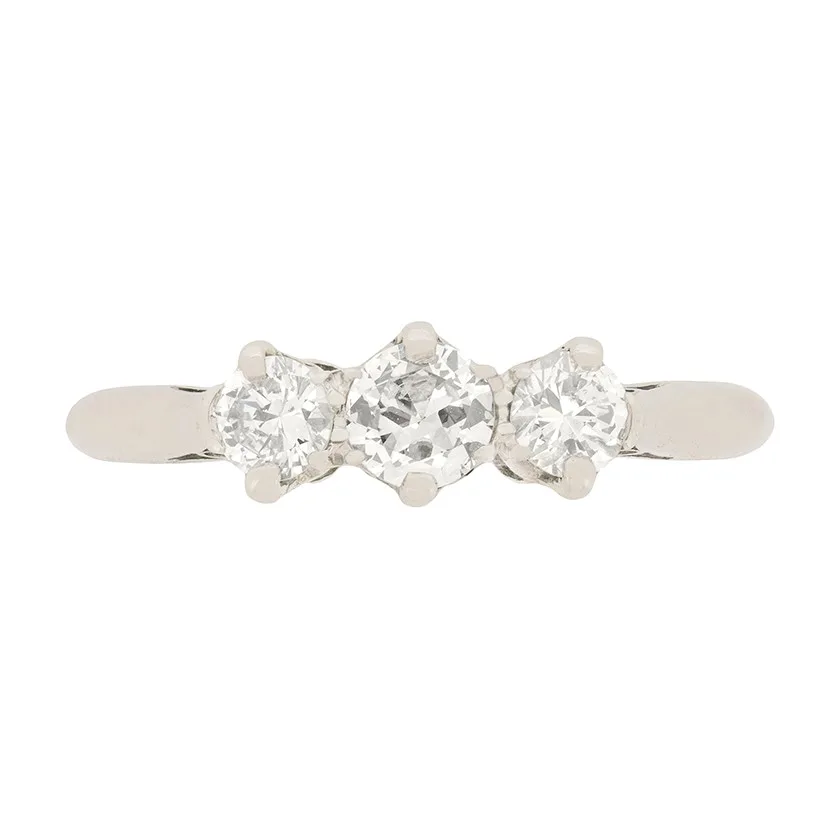 Late Art Deco 0.90ct Diamond Three Stone Ring, c.1930s