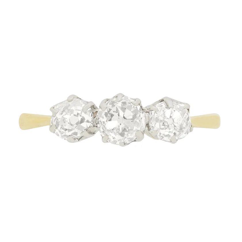 Edwardian 1.10ct Old Cushion Cut Diamond Three Stone Ring, c.1910s