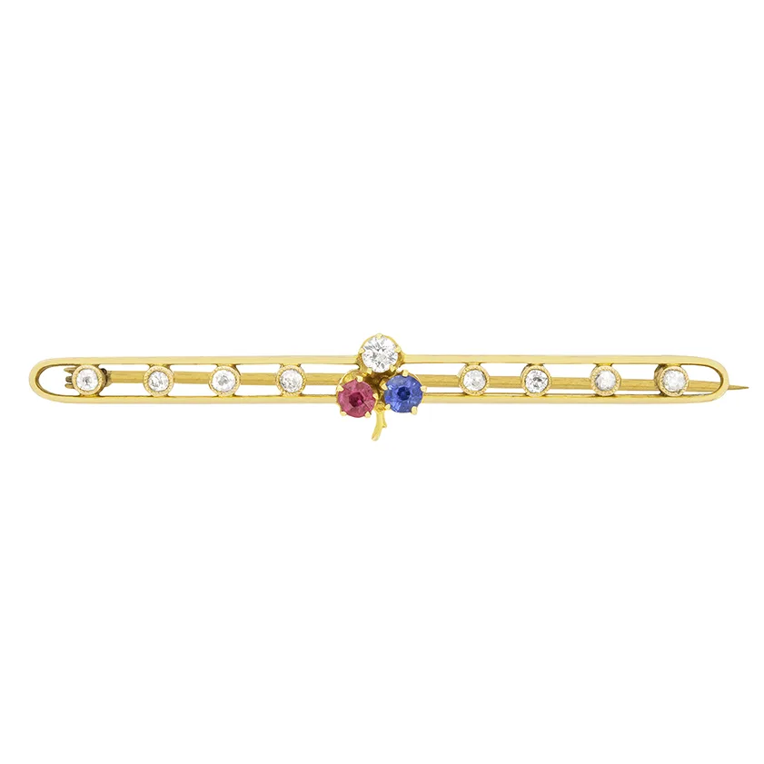Victorian 0.34ct Diamond, Ruby and Sapphire Clover Brooch, c.1880s