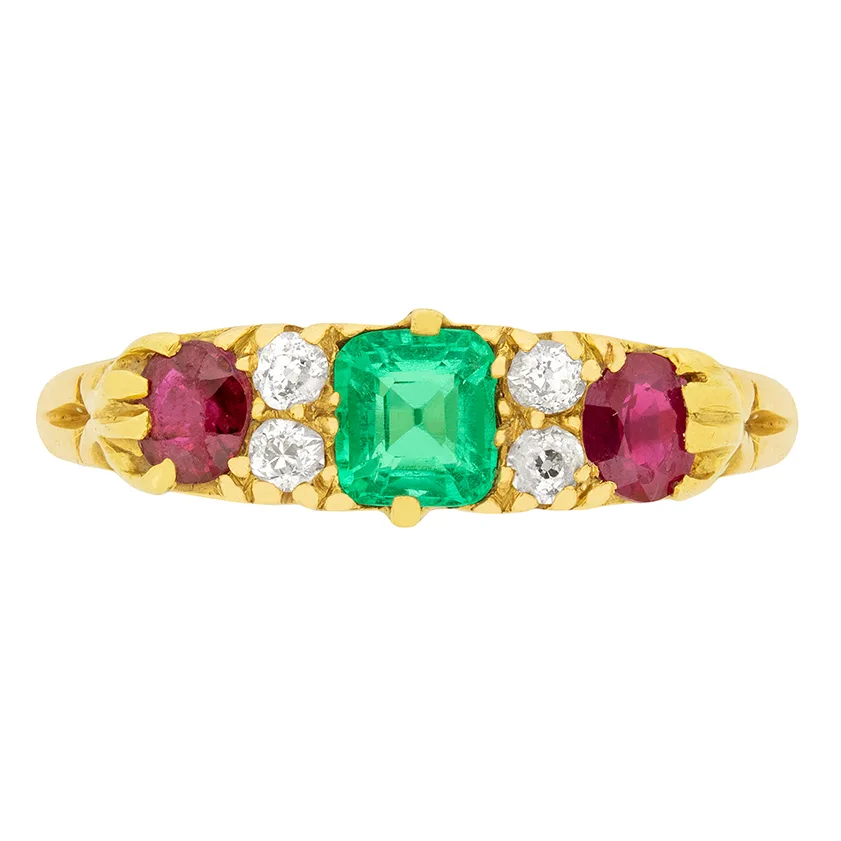 Victorian 0.50ct Emerald, Ruby and Diamond Ring, c.1880s