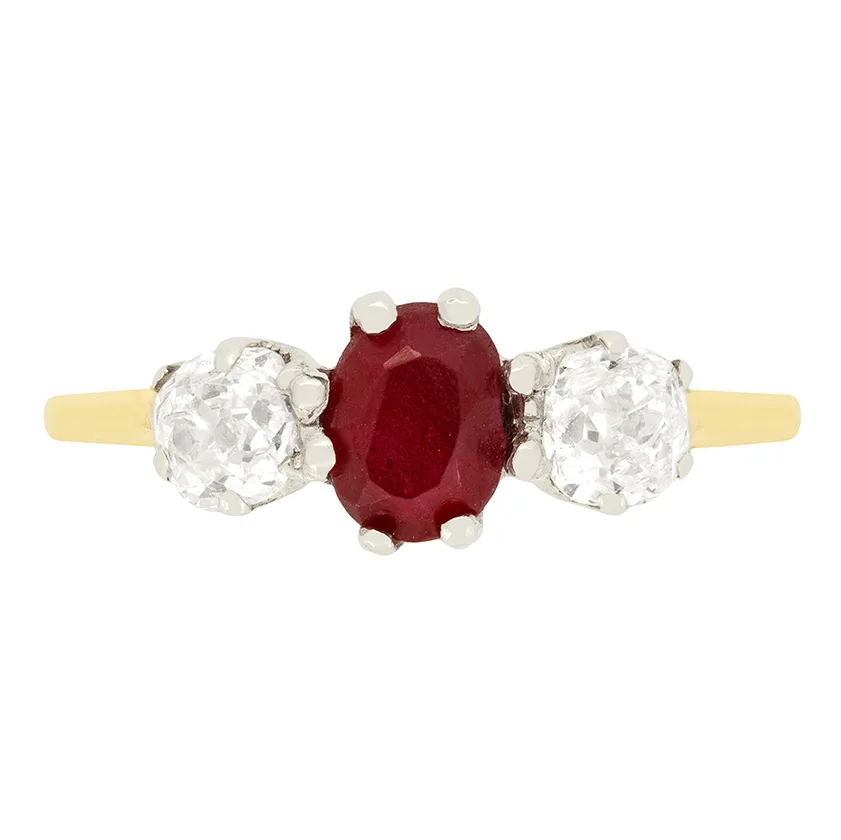Edwardian 0.60ct Ruby and Diamond Three Stone Ring, c.1910s