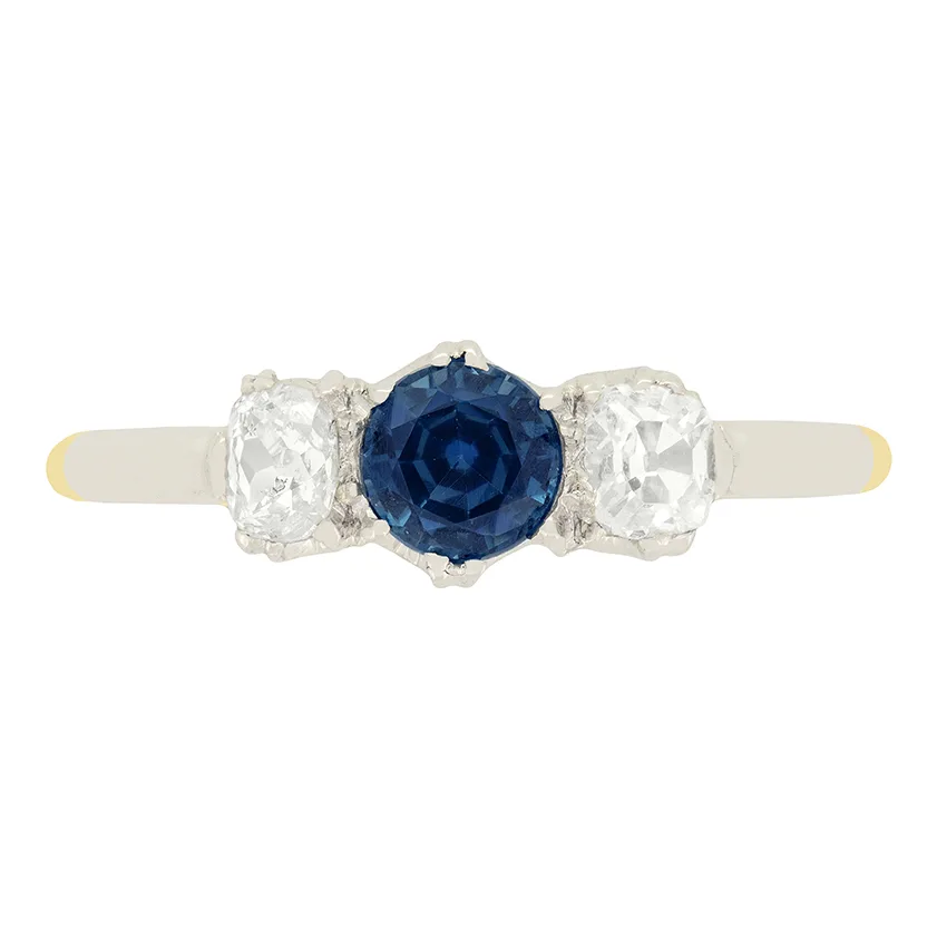Edwardian 0.40ct Sapphire and Diamond Three Stone Ring, c.1910s