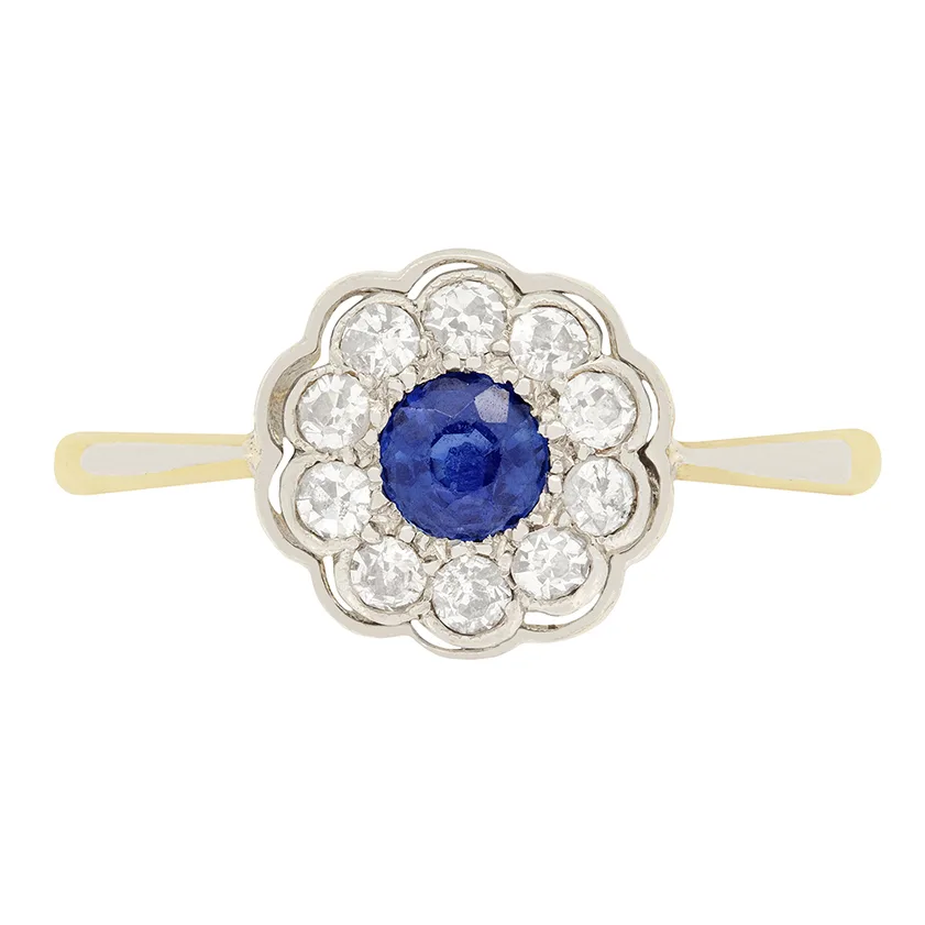 Edwardian 0.30ct Sapphire & Diamond Daisy Cluster Ring, c.1910s